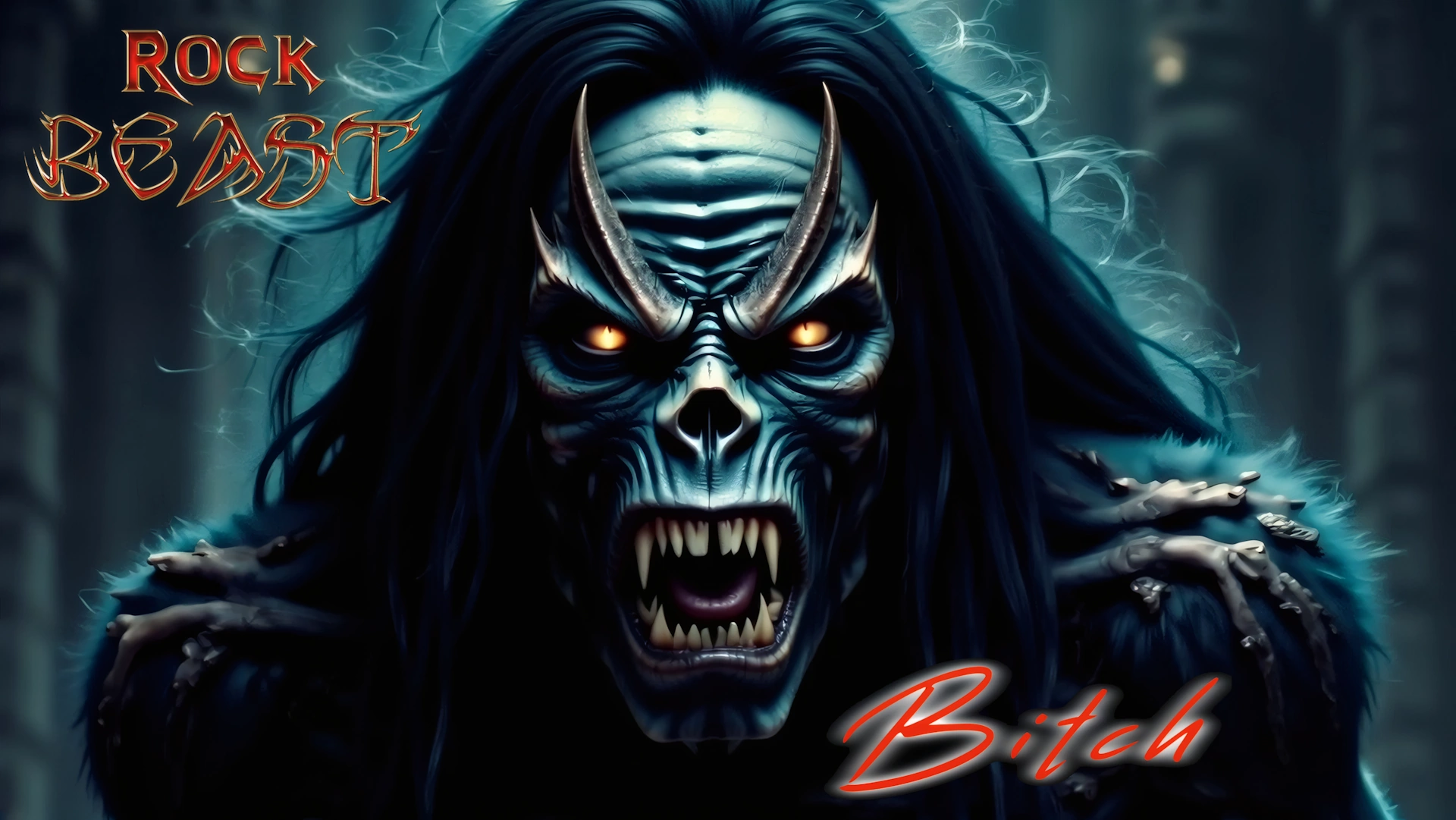 Official 4K cinema music video thumbnail for Bitch, close up of roaring blue Beast with fangs, featuring the Rock Beast logo