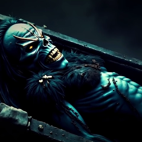 Music video still from Breathe, showing the blue Rock Beast buried alive and suffocating inside an open coffin before digging out like a zombie