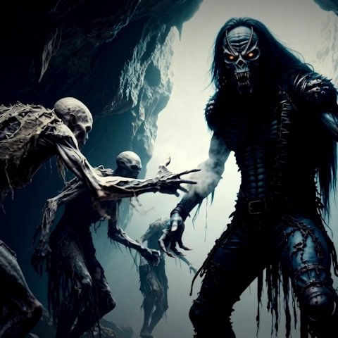 4K cinema movie still from Dreams & Surreality, showing the blue Rock Beast surrounded by an army of the damned inside a dark subterranean cavern