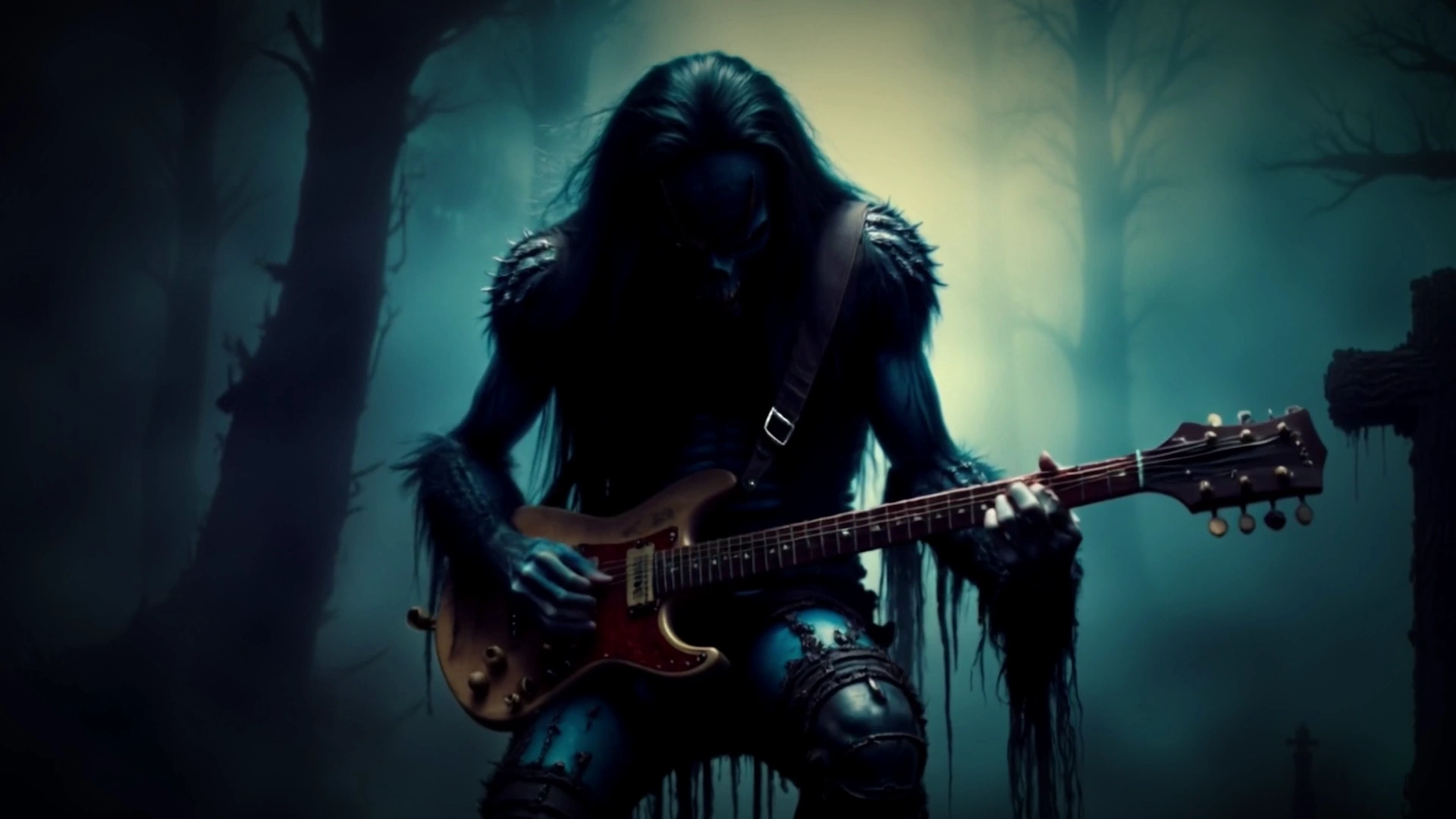 Rock Beast guitarist playing an electric guitar in a dark misty graveyard surrounded by spooky trees and gothic crosses